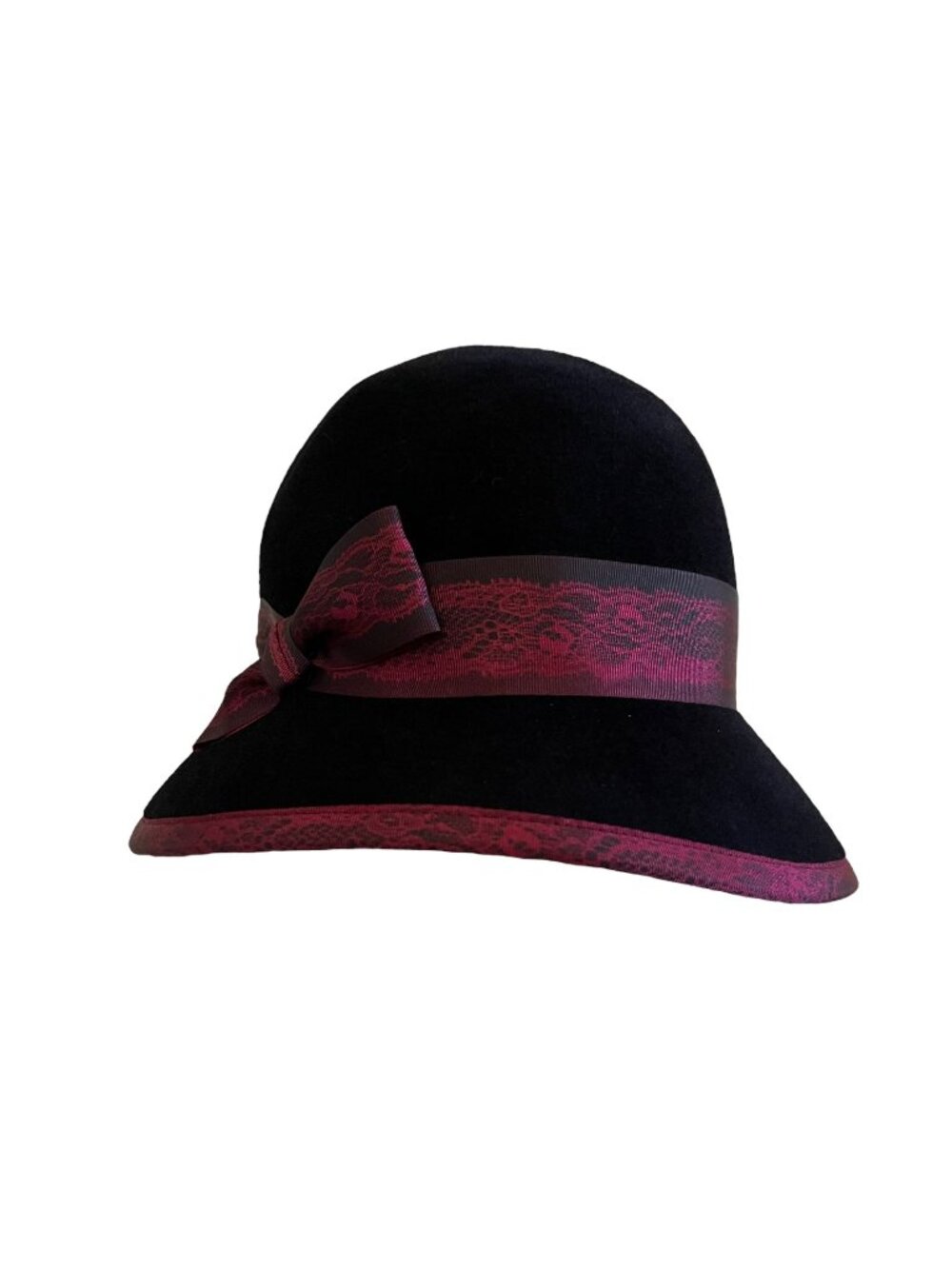 Louise Green Black Burgundy Lace Ribbon Bow Hat Cloche Style 100% Wool USA